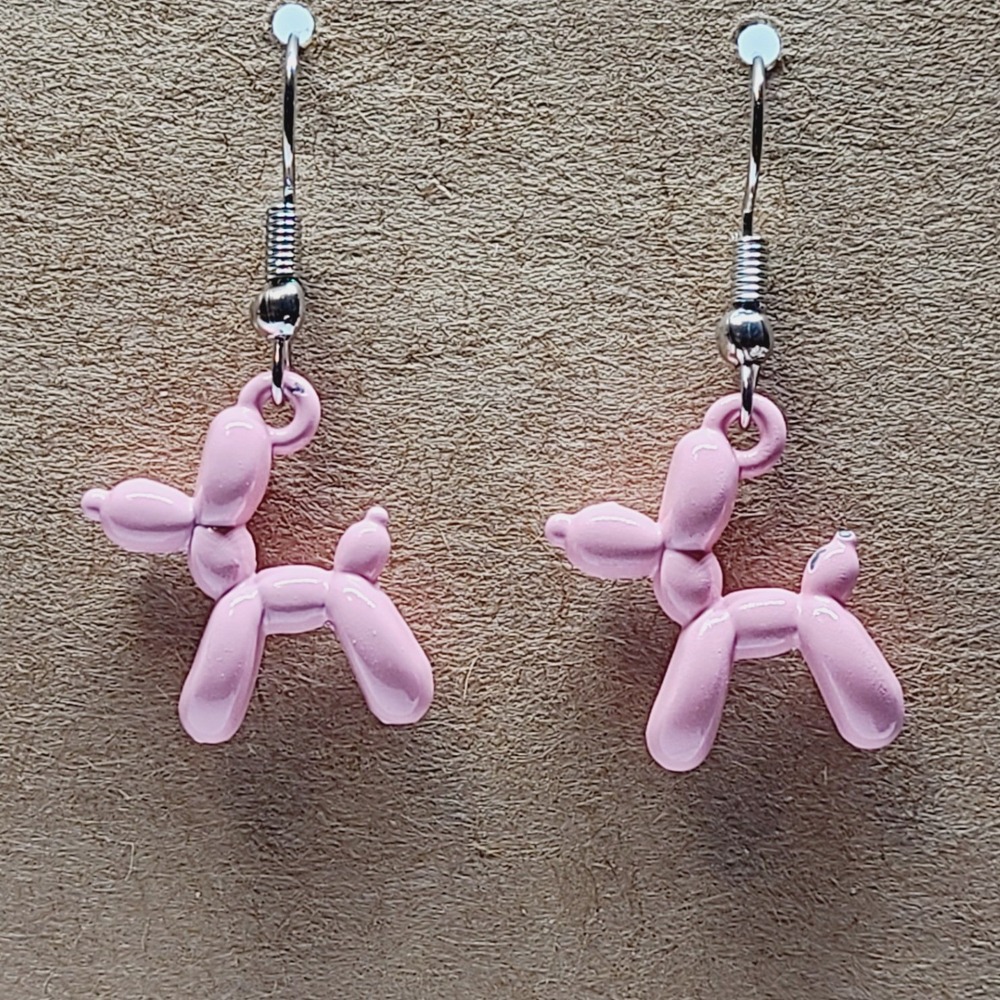 Handmade Pink Balloon Dog Dangle Earrings Whimsical Novelty Jewelry Silver Tone